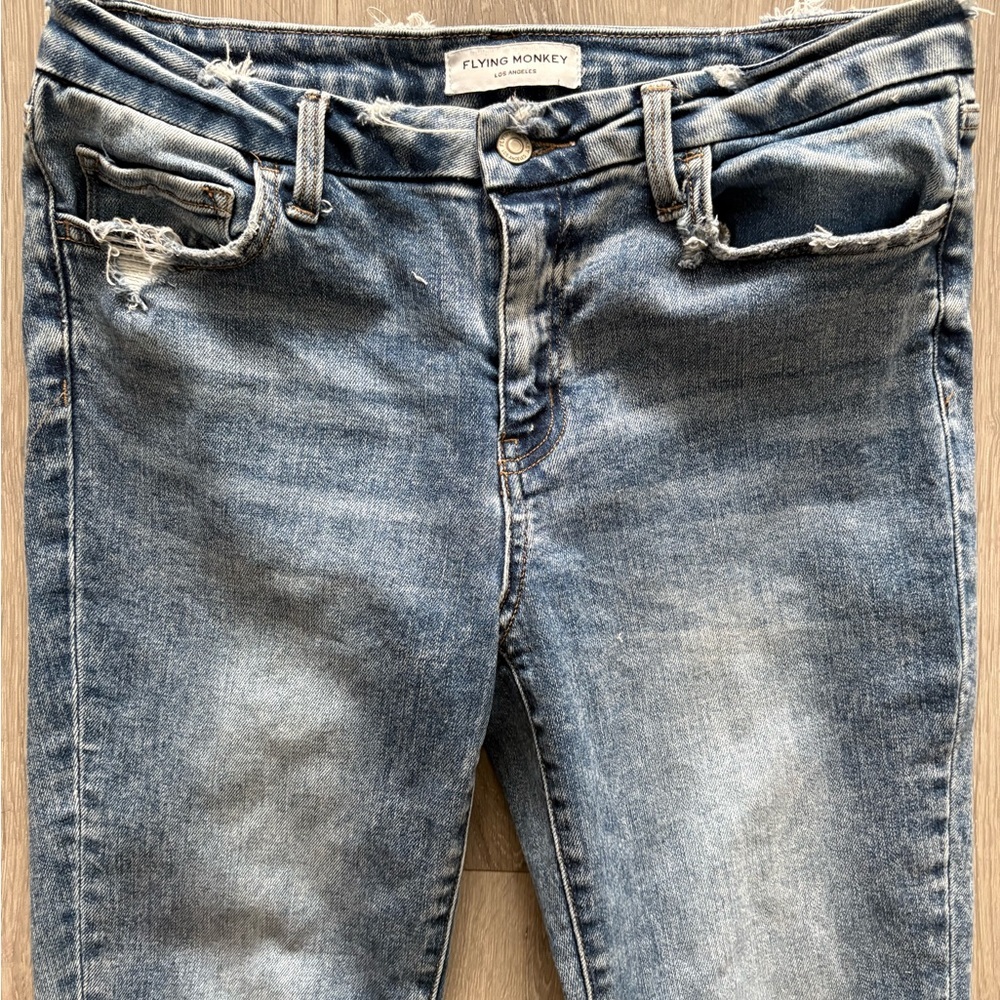 Flying Monkey Cropped Distressed Jeans in Blue Mid-Rise Ankle Skinny - Picture 2 of 5